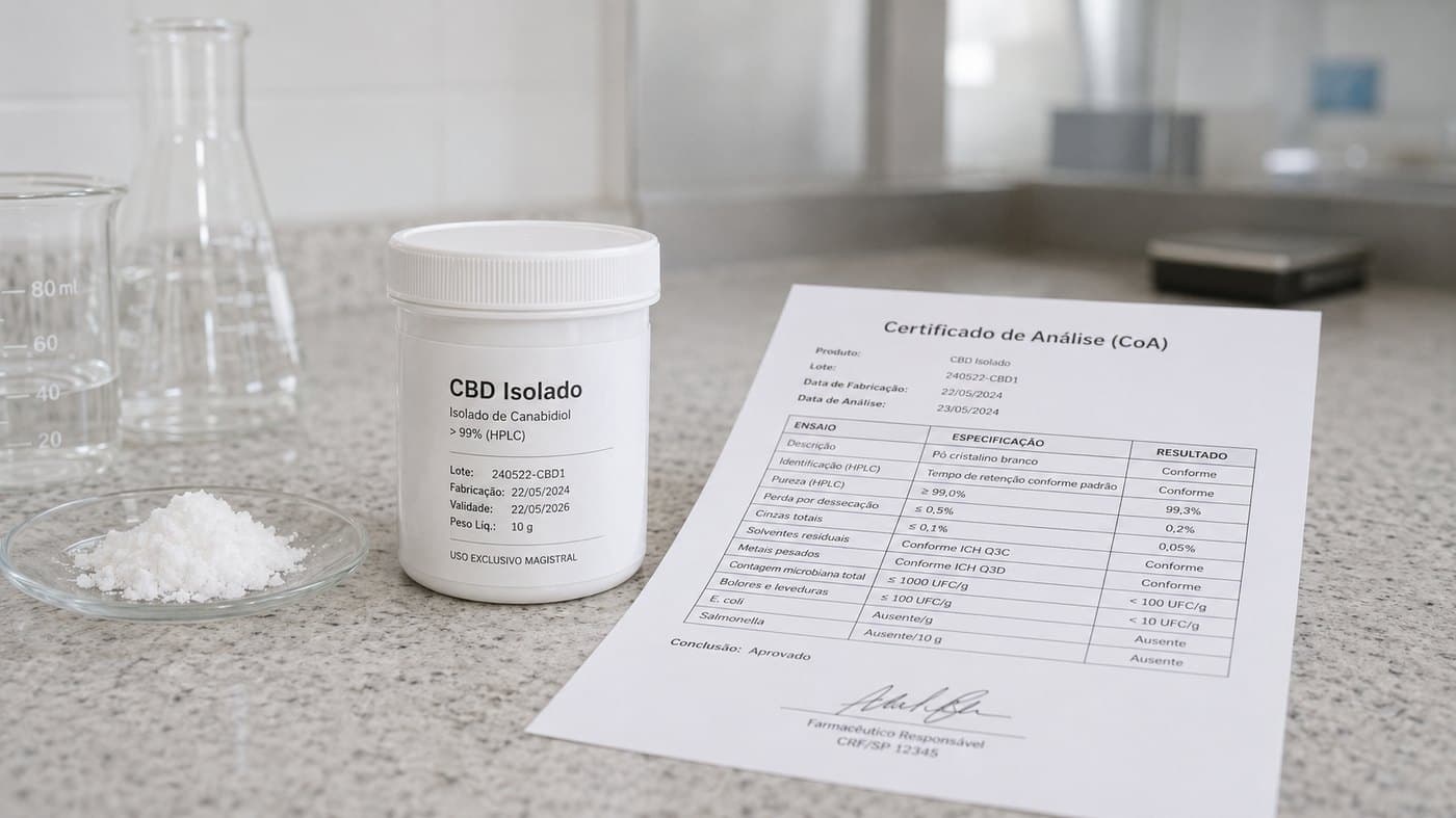 Documentação e certificado de análise de canabidiol isolado